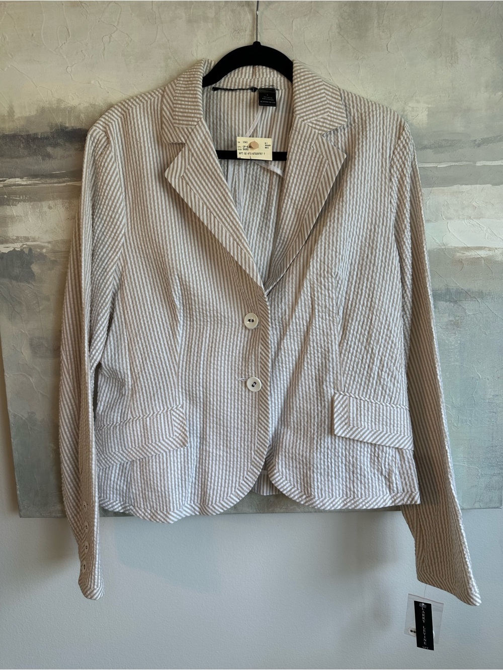 Larry Levine NWT Cotton Seersucker Blazer Sand Striped Jacket Large 1156